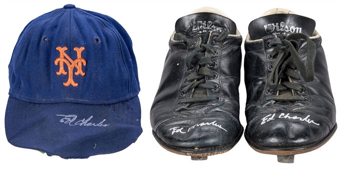 Lot of (2) 1967-1969 Ed Charles Game Used & Signed New York Mets Cap & Cleats (JT Sports, Beckett) 